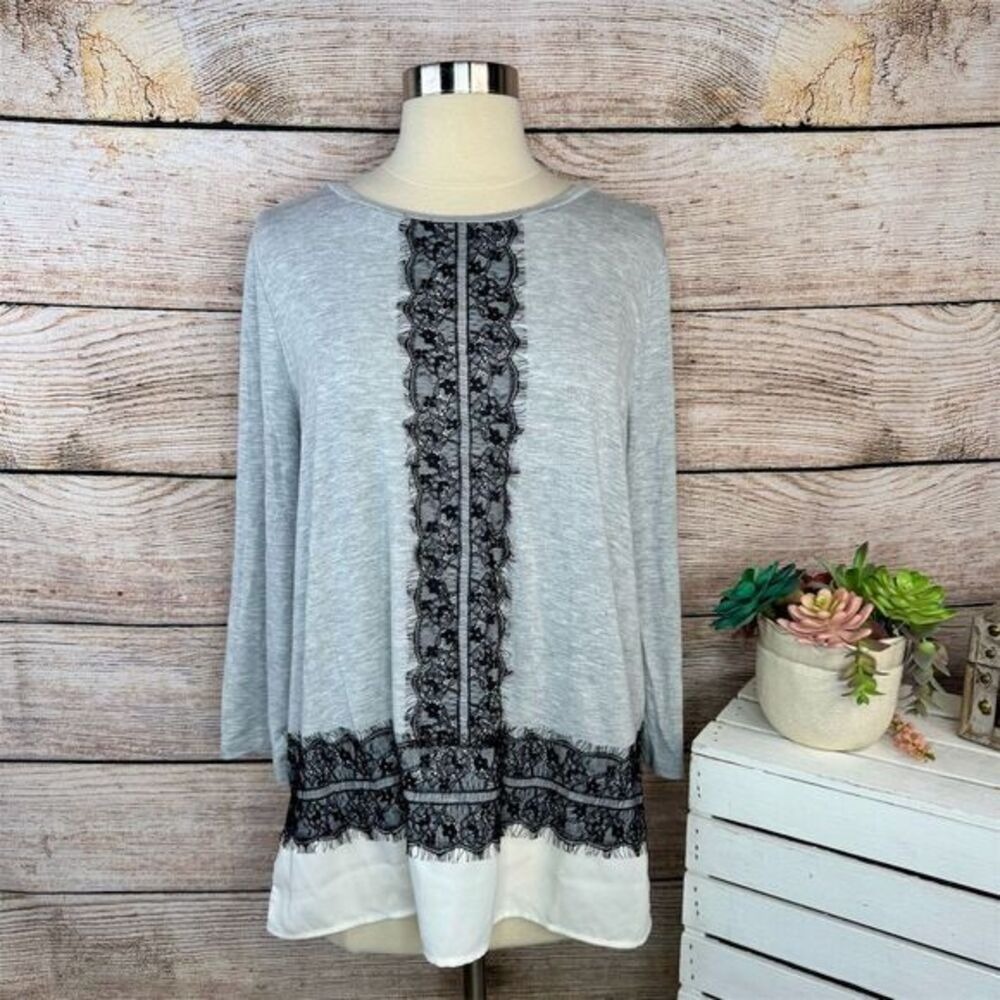 5/$25 Talbots Women's Gray Long Sleeve Blouse with Black Lace Detail Size Large